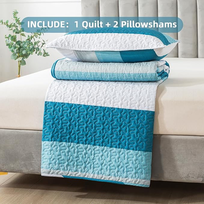 Andency Teal White Quilt Twin, 2 Pieces Patchwork Bedspread Coverlet Set - Image 7
