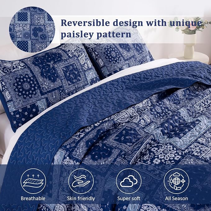 Cottolester Queen Quilt Set 3 Pieces, Boho Farmhouse Bedspread Soft Microfiber - Image 3