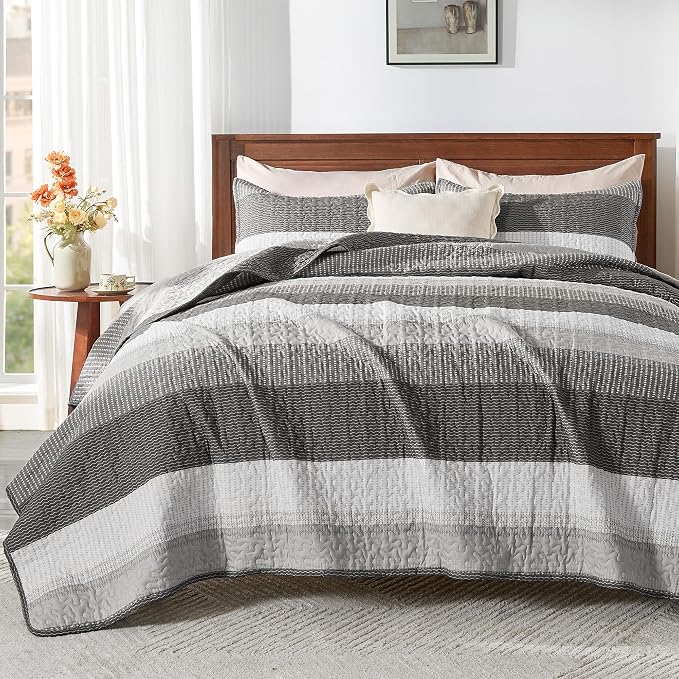 Andency Queen Quilt Bedding Set Dark Grey, 3 Pieces Patchwork Summer Striped by Andency