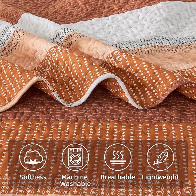 Andency Orange Quilt Cal King, 3 Pieces Patchwork Striped Bedspread Coverlet Set - Image 5