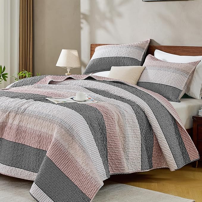 Andency King Size Quilt Set Grey Pink, 3 Pieces Summer Ultra Soft Lightweight by Andency