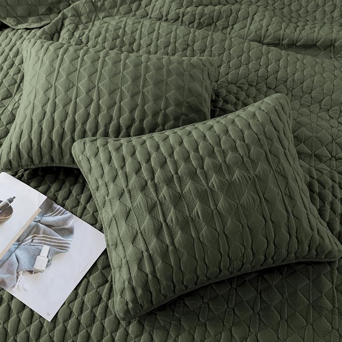 WDCOZY Olive Green Quilts Queen Size Bedding Set - Image 4