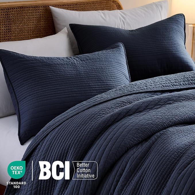 palassio Striped Navy Blue 100% Cotton Quilt Twin Size Bedding Sets, - Image 3