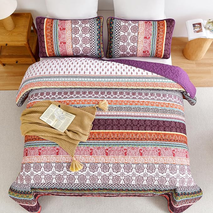 WONGS BEDDING Boho Quilt Set Queen Size, Lightweight Soft Microfiber Bedding Set - Image 3