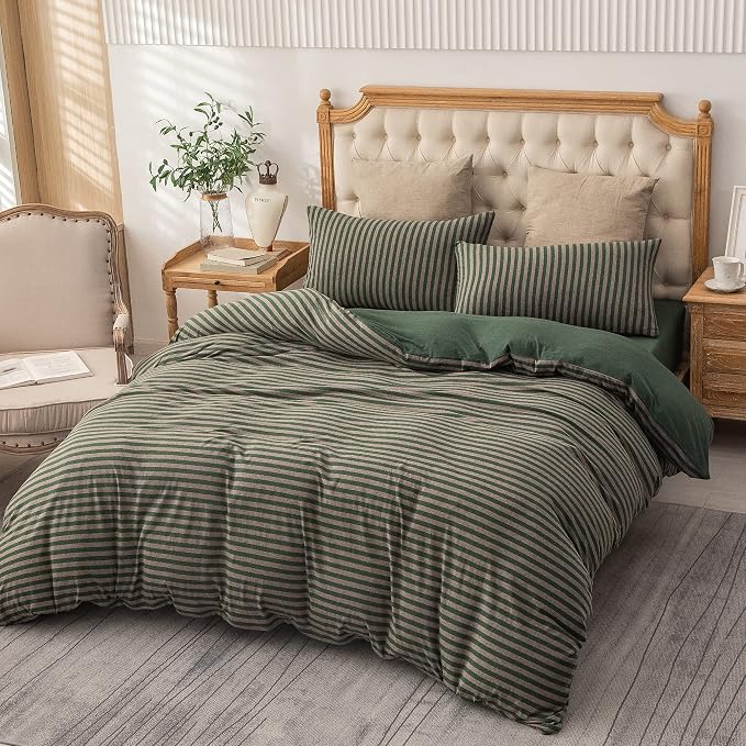 PURE ERA Forest Green Stripe Jersey Duvet Cover Set King Size 100% T-Shirt - Image 5