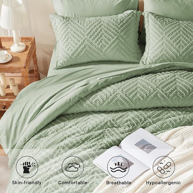 Zzlpp Twin Comforter Set 5 Pieces, Sage Green Tufted Bed in a Bag - Image 3