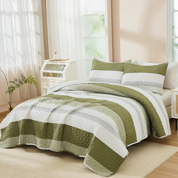 Andency Queen Quilt Bedding Set Olive, 3 Pieces Patchwork Olive Green Striped - Image 6