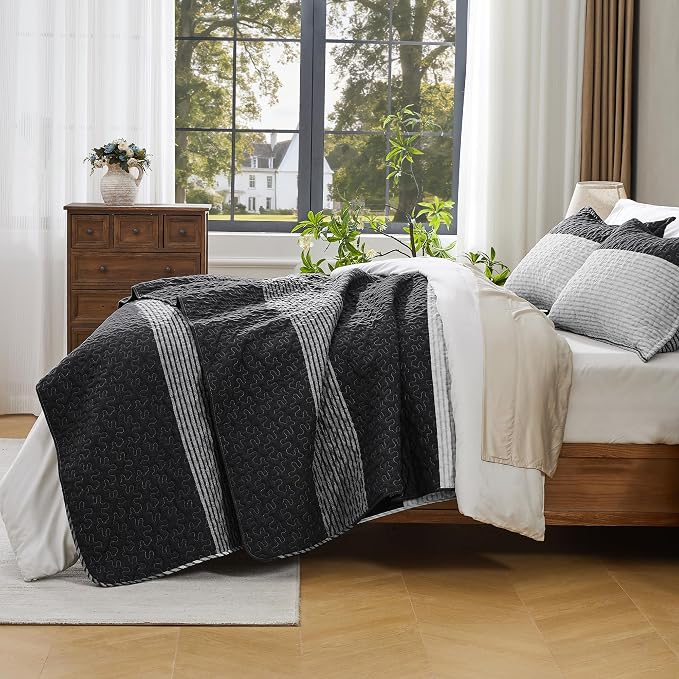 Andency Queen Quilt Set Black and White, 3 Pieces Grey Striped Ultra Soft - Image 5