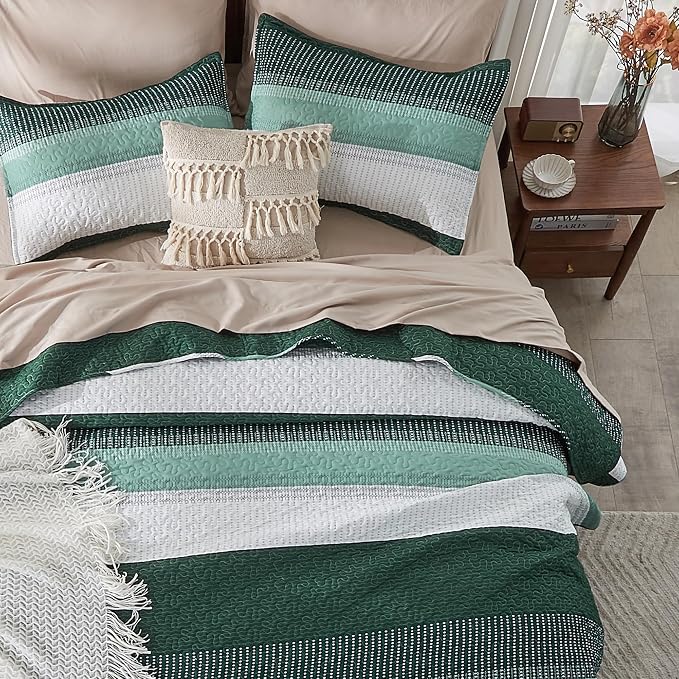 Andency Emerald Green Quilt King, 3 Pieces Patchwork Striped Bedspread Coverlet - Image 6