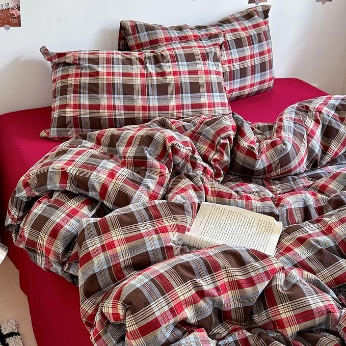 mixinni Vintage Red & Brown Buffalo Plaid Duvet Cover Set Twin XL Size - Image 2