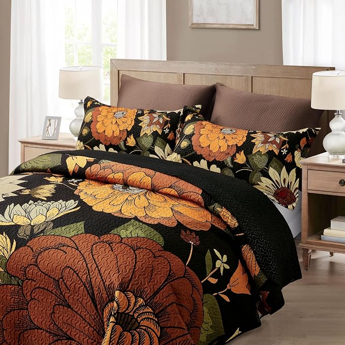 Tyrot 2 Piece Black Boho Floral Twin Size Quilt Sets Farmhouse Botanical - Image 2