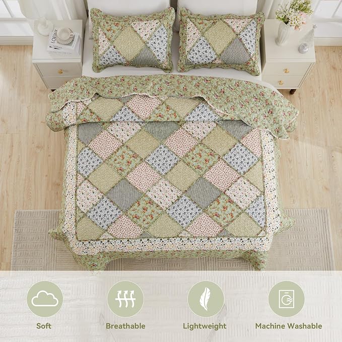 Oversized King Size Green Floral Plaid Patchwork Quilt Set 128x120 Extra Wide - Image 3