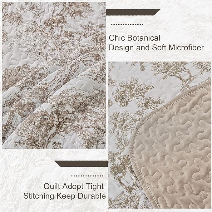 WONGS BEDDING Botanical Quilt Set Queen Size, Khaki 3 Pieces Toile Floral - Image 5