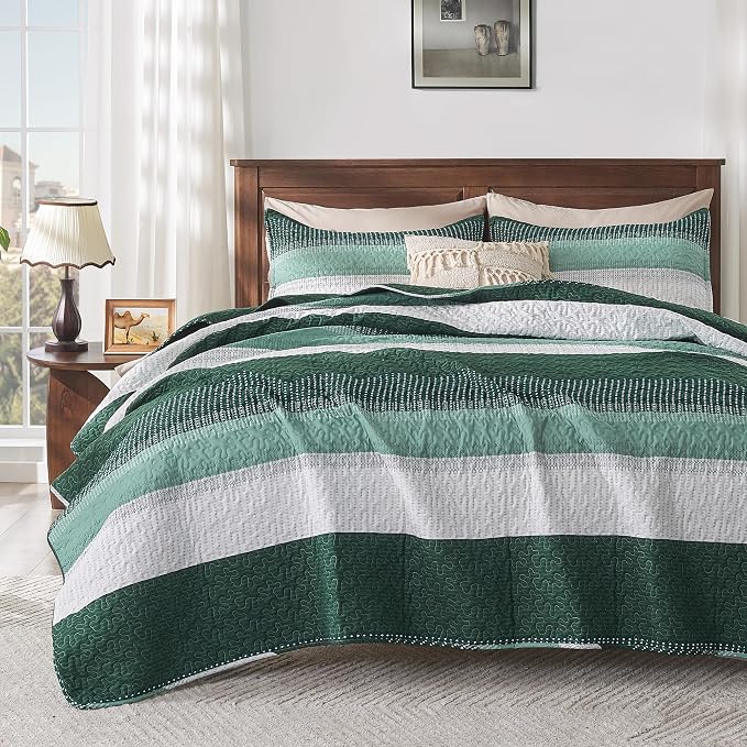 Andency Emerald Green Quilt King, 3 Pieces Patchwork Striped Bedspread Coverlet by Andency