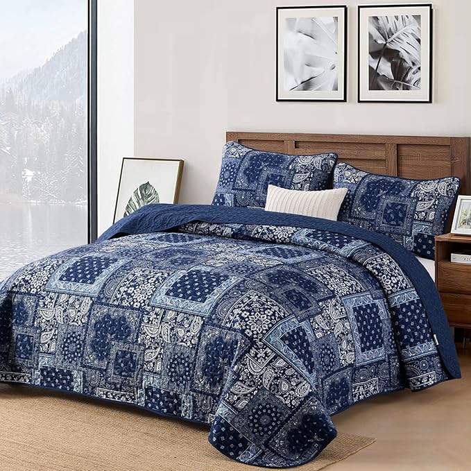 Cottolester Blue Patchwork Quilt Set Queen Size, Boho Navy Blue Quilt Set - Image 2