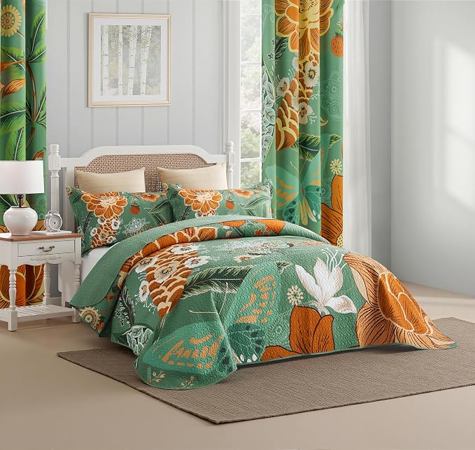 Tyrot 3 Piece Sage Green Boho Floral Full/Queen Quilt Sets Farmhouse Botanical - Image 2