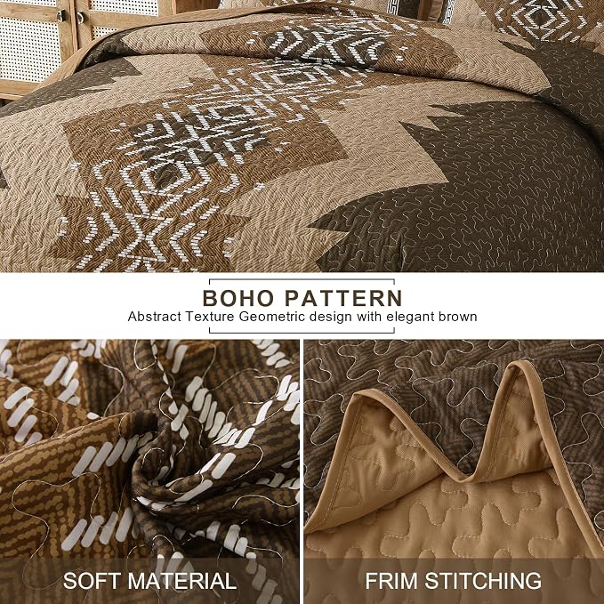 Dintszyayue Brown Quilt Set Queen Size, 3 Piece Boho Aztec Texture Bedspread - Image 4