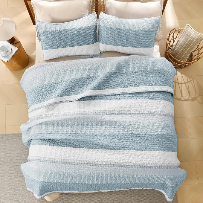 Litanika Quilt King Size Spa Blue, Stripe Patchwork Summer Bedspread Coverlet 3 - Image 3
