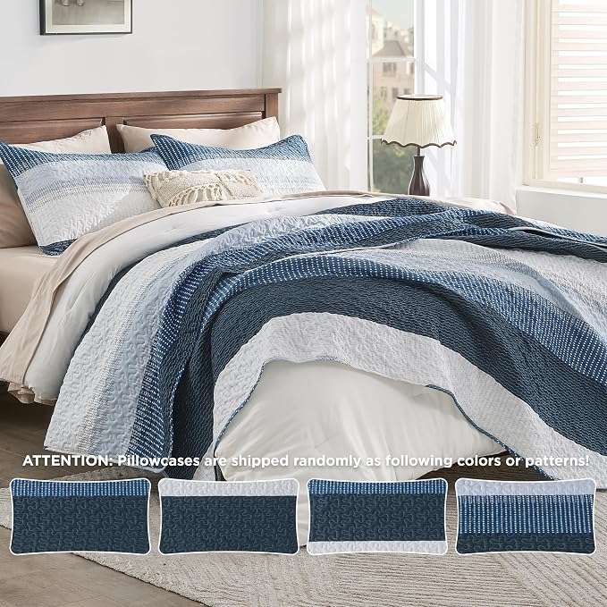 Andency Navy Blue Striped Quilt Set Cal King, 3 Pieces Patchwork Bedspread - Image 8