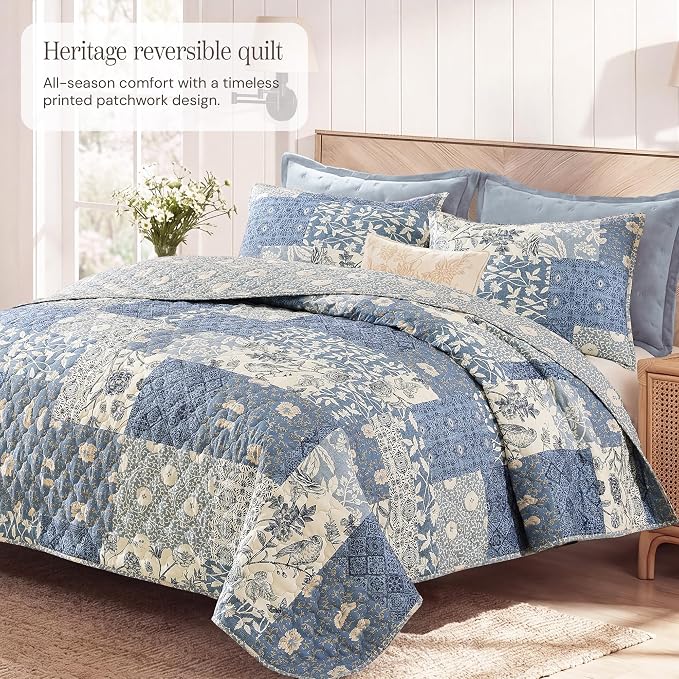 BLOOMHAVEN Quilt Set Twin Size, Patchwork Blue Floral Quilt Sets, Reversible - Image 2