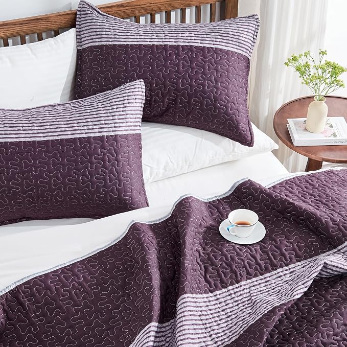 Andency Striped Quilt Set King, 3 Pieces Purple and Grey Striped Bedspread - Image 3