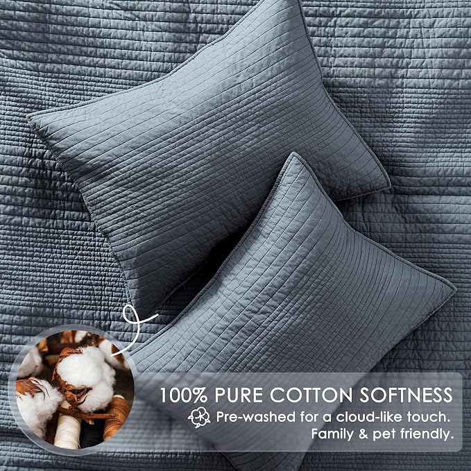 palassio Striped Blue Grey 100% Cotton Quilt Queen Size Bedding Sets, - Image 4