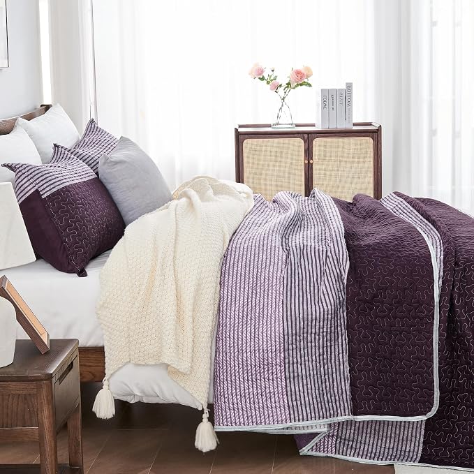 Andency Stripe Quilt Set Cal King, 3 Pieces Purple and Grey Striped Bedspread - Image 2
