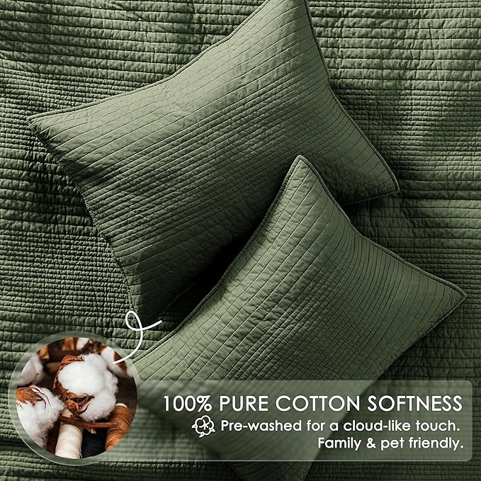palassio Striped Olive Green 100% Cotton Quilt King Size Bedding Sets, - Image 4