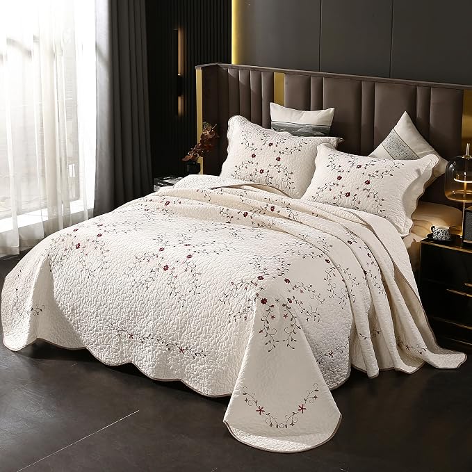 ROOMLIFE Quilt Set Floral Leaves 3D Embroidery Pattern 3 PCS Cotton Reversible - Image 3