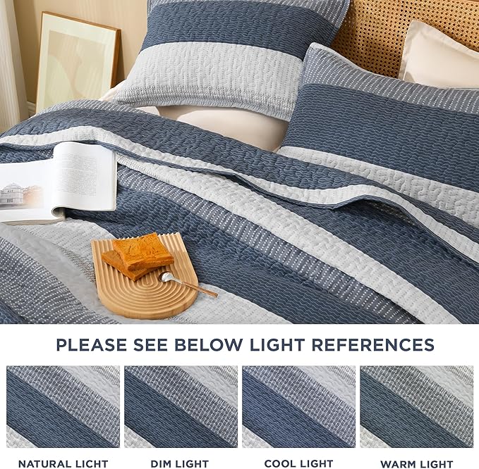 Litanika King Size Quilt Set Navy Blue, Stripe Patchwork Summer Bedspread - Image 7