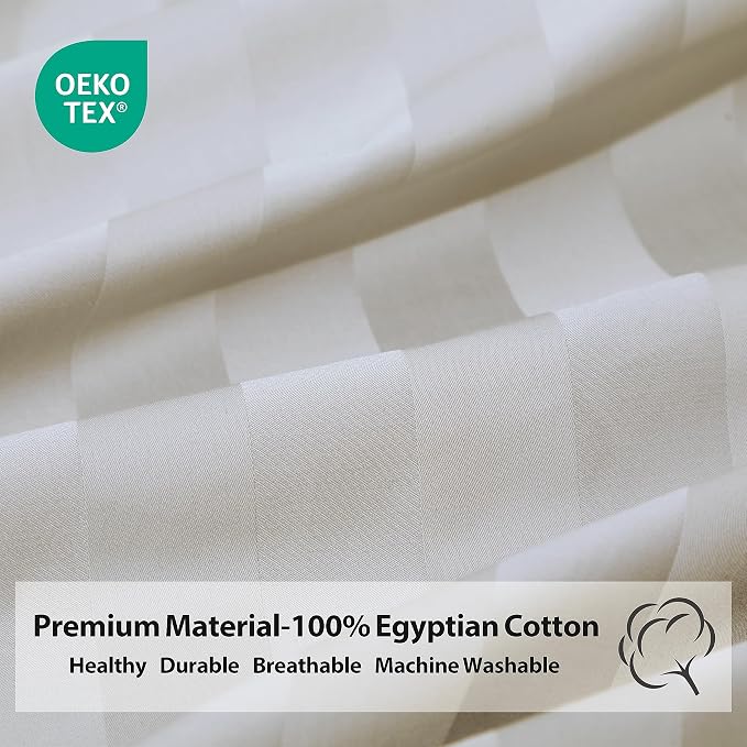 Twin Size Striped Fitted Sheet Only Light Beige Color, 100% Egyptian Cotton 600 - Image 2