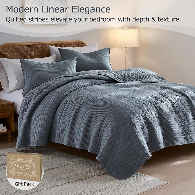 palassio Striped Blue Grey 100% Cotton Quilt Queen Size Bedding Sets, - Image 2