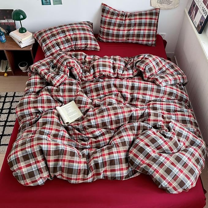 mixinni Vintage Red & Brown Buffalo Plaid Duvet Cover Set Twin XL Size - Image 3