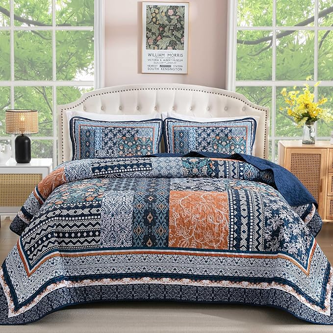 WONGS BEDDING Navy Blue Quilt Set Full Size, Bohemian Patchwork Bedspread by WONGSBEDDING