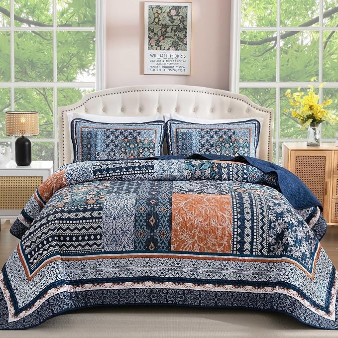 WONGS BEDDING Navy Blue Quilt Set Queen Size, Bohemian Patchwork Bedspread by WONGSBEDDING