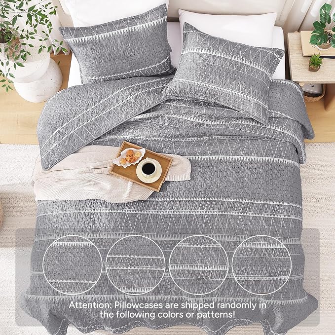 Andency King Size Quilt Set Grey, 3 Pieces Boho Lightweight Soft Striped - Image 3
