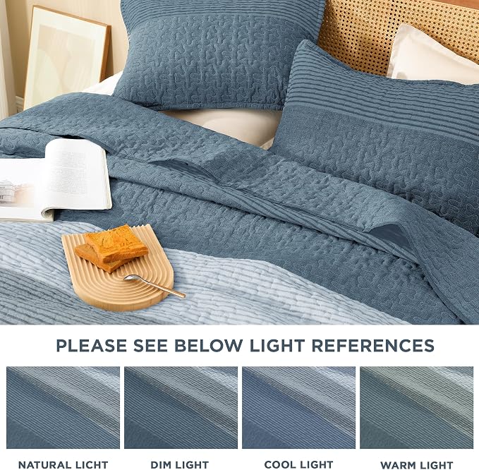 Litanika Quilt Queen Size Blue Linen, Stripe Patchwork Summer Bedspread - Image 6