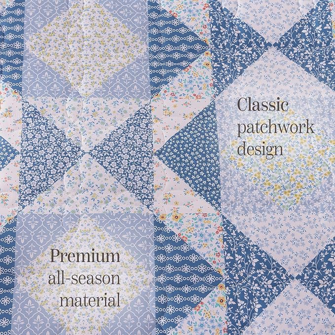 BLOOMHAVEN Quilt Set Twin Size, Patchwork Blue Marigold Floral Quilt Sets - Image 6