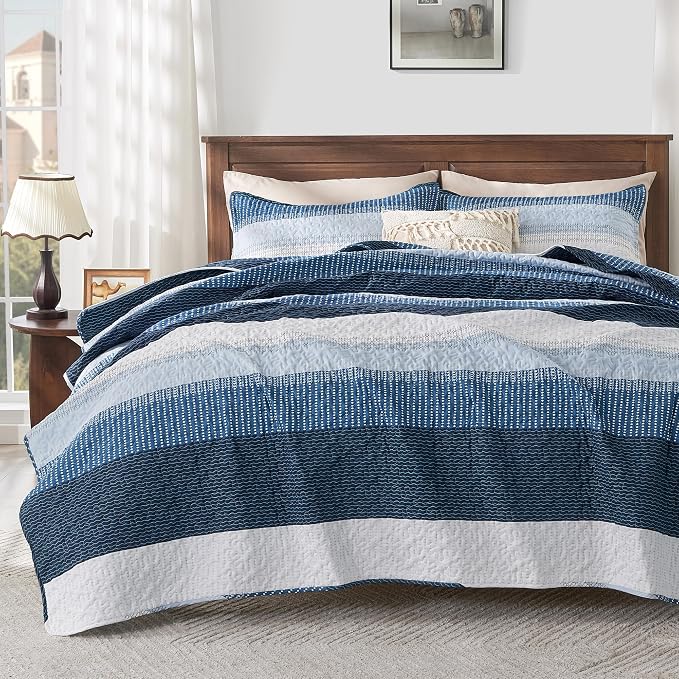 Andency Navy Blue Striped Quilt Queen, 3 Pieces Patchwork Bedspread Coverlet Set by Andency