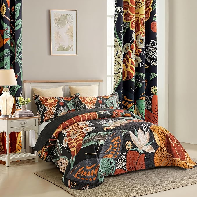 Tyrot 3 Piece Black Boho Floral Full/Queen Quilt Sets Reversible Farmhouse - Image 2