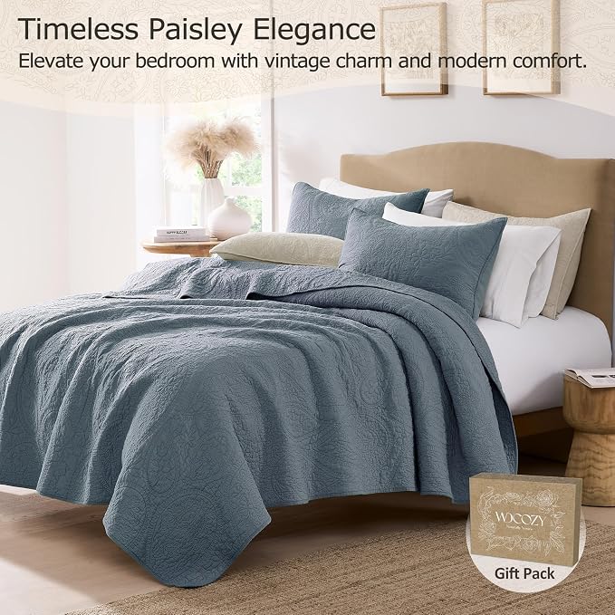 palassio Dusty Blue Paisley 100% Cotton Quilt Twin Size Bedding Sets - Image 2