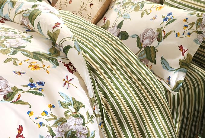 FADFAY Floral Duvet Cover Set 100% Cotton Green and Beige Striped Shabby Flower - Image 6