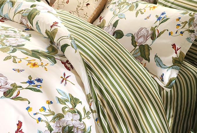 FADFAY Floral Duvet Cover Set 100% Cotton Green Striped and Beige Bedding White - Image 6