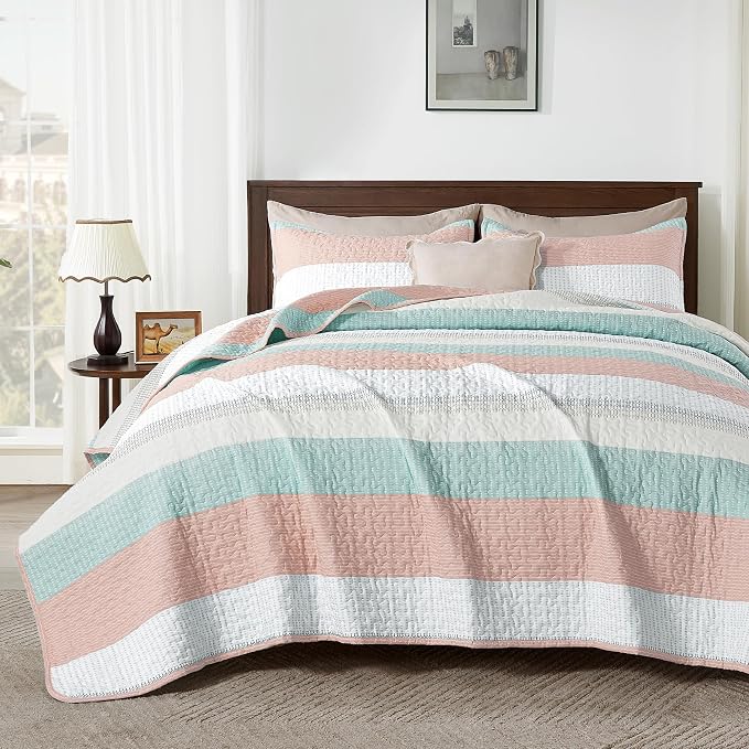 Andency Queen Quilt Bedding Set Pink Green, 3 Pieces Patchwork Summer Striped by Andency