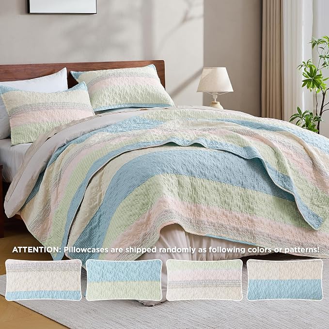 Andency Queen Quilt Bedding Set Blue Pink, 3 Pieces Patchwork Summer Striped - Image 3