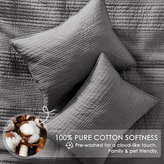 palassio Striped Dark Grey 100% Cotton Quilt King Size Bedding Sets, - Image 4