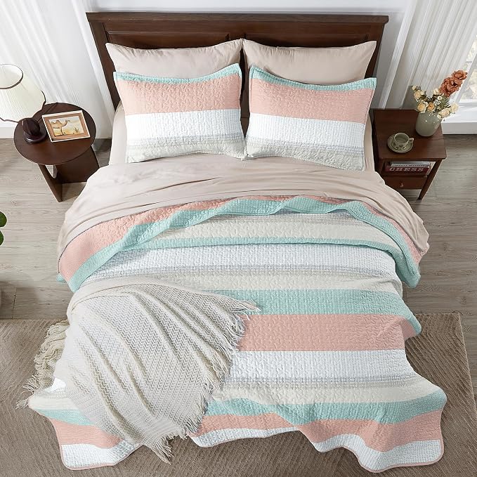 Andency Queen Quilt Bedding Set Pink Green, 3 Pieces Patchwork Summer Striped - Image 6