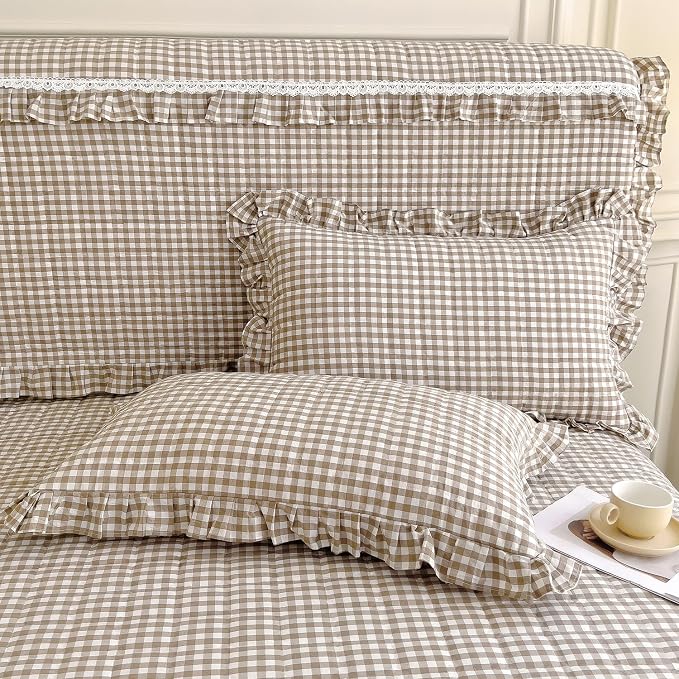 mixinni Tan Gingham Ruffle Duvet Cover Full Size 3 Pieces – 100% Washed Cotton - Image 7