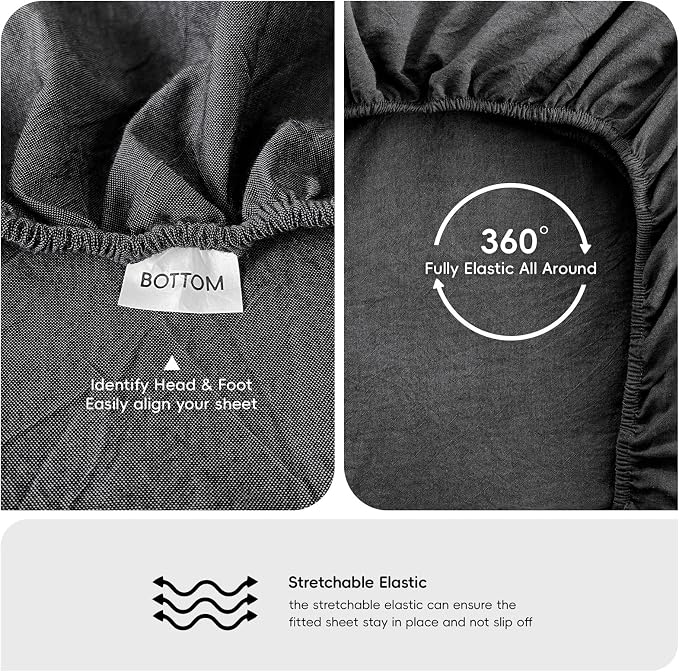 MooMee Fitted Bottom Sheet Only 100% Washed Cotton Linen Like Textured - Image 4
