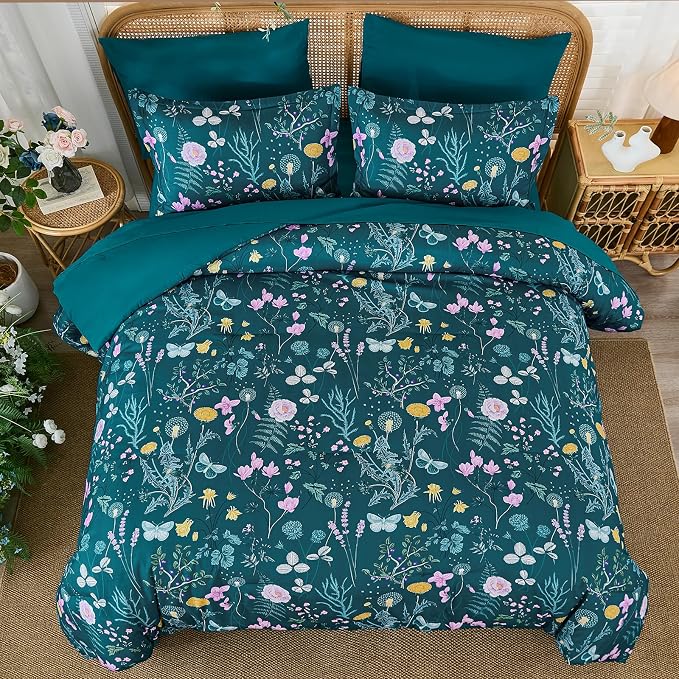 Yiran Teal Blue Comforter Set Queen Size, 7 Piece Floral Botanical Comforter - Image 3